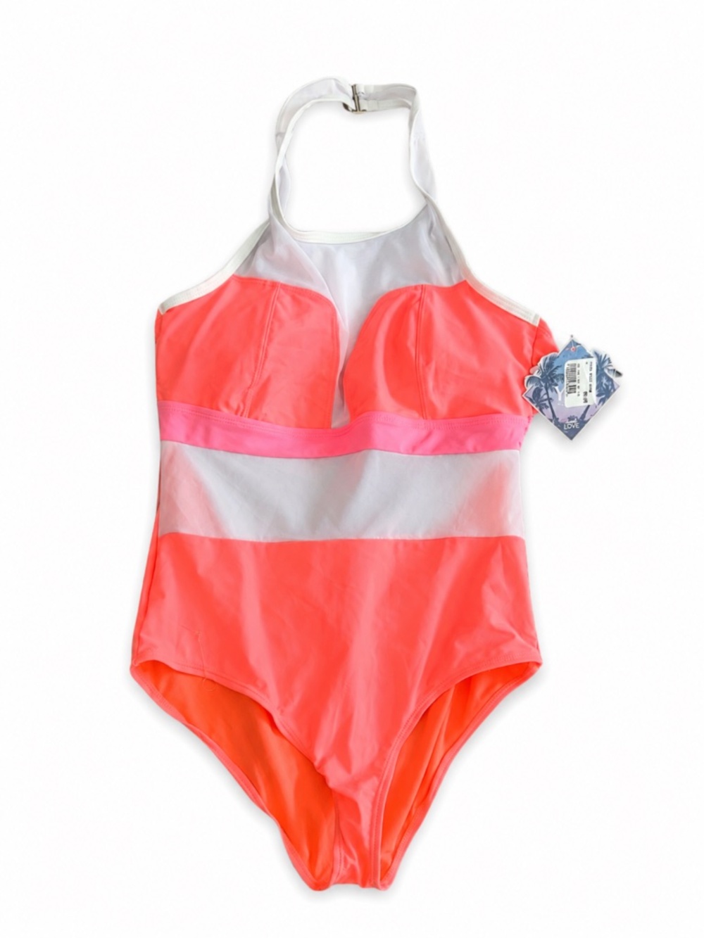 🔥 NWT YMI Neon Peach Colorblock One Piece Swimsuit Sz L | Pink&White Mesh Halte